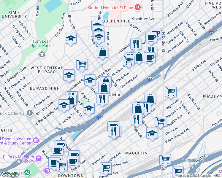 map of restaurants, bars, coffee shops, grocery stores, and more near 1212 Wyoming Avenue in El Paso