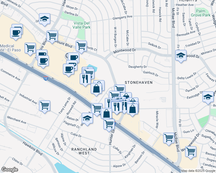 map of restaurants, bars, coffee shops, grocery stores, and more near 1154 Larry Mahan Drive in El Paso