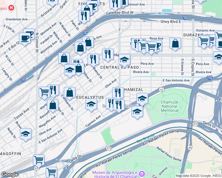 map of restaurants, bars, coffee shops, grocery stores, and more near 2201 East San Antonio Avenue in El Paso