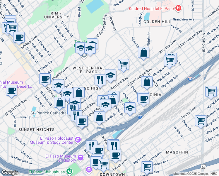 map of restaurants, bars, coffee shops, grocery stores, and more near 1201 North Saint Vrain Street in El Paso