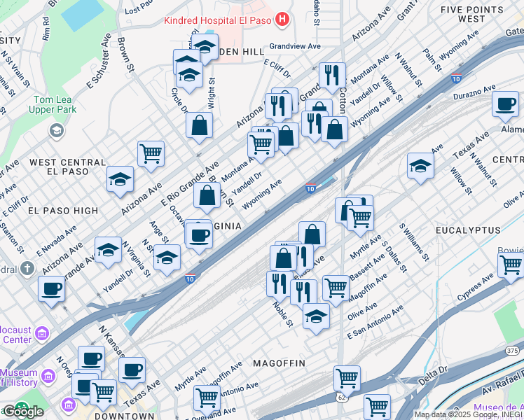 map of restaurants, bars, coffee shops, grocery stores, and more near 1331 Wyoming Avenue in El Paso