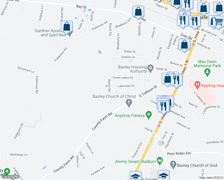 map of restaurants, bars, coffee shops, grocery stores, and more near 593 Beach Road in Baxley