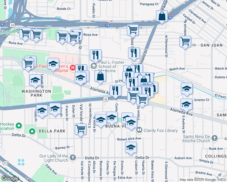 map of restaurants, bars, coffee shops, grocery stores, and more near 5200 El Paso Drive in El Paso
