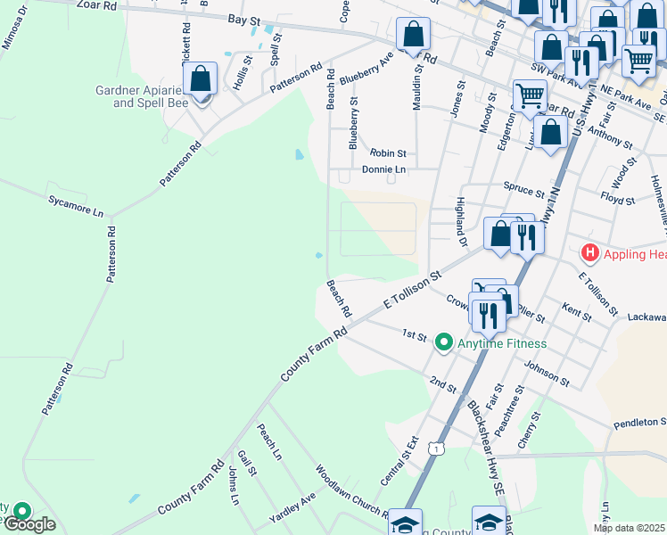 map of restaurants, bars, coffee shops, grocery stores, and more near 557 Beach Road in Baxley