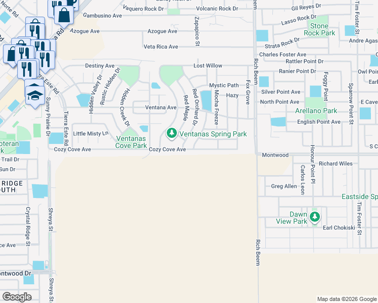 map of restaurants, bars, coffee shops, grocery stores, and more near 3109 Red Creek in El Paso