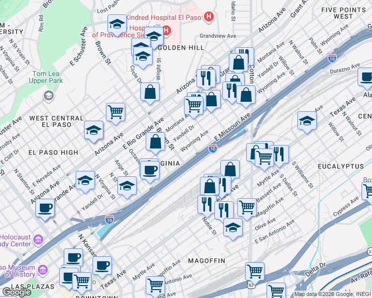 map of restaurants, bars, coffee shops, grocery stores, and more near 1331 Wyoming Avenue in El Paso