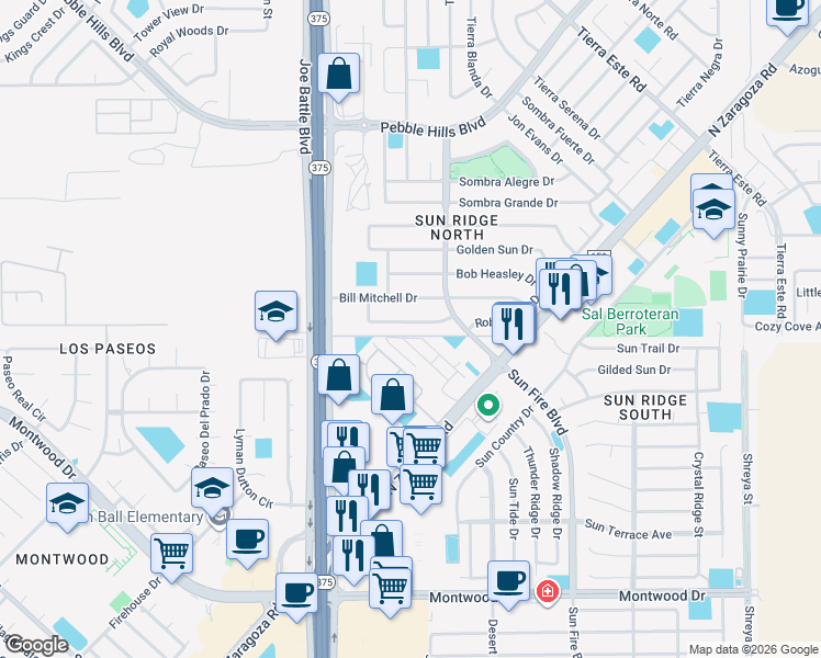 map of restaurants, bars, coffee shops, grocery stores, and more near 12257 Robert Dahl Drive in El Paso