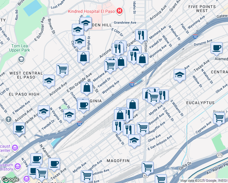 map of restaurants, bars, coffee shops, grocery stores, and more near 1421 East Missouri Avenue in El Paso