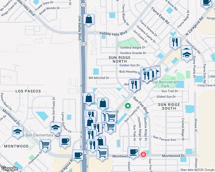 map of restaurants, bars, coffee shops, grocery stores, and more near 12257 Robert Dahl Drive in El Paso