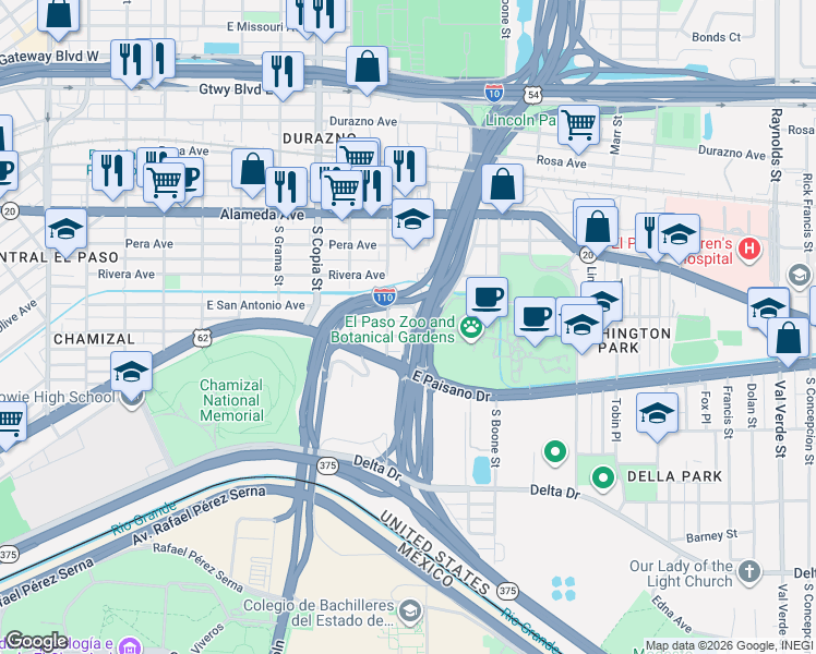 map of restaurants, bars, coffee shops, grocery stores, and more near 3824 East San Antonio Avenue in El Paso