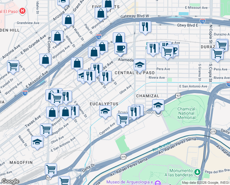 map of restaurants, bars, coffee shops, grocery stores, and more near in El Paso