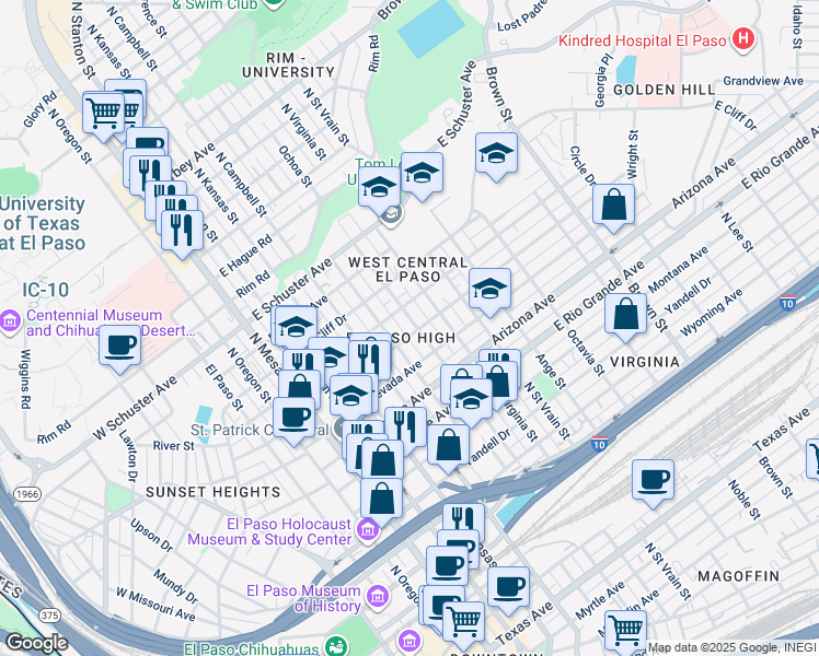 map of restaurants, bars, coffee shops, grocery stores, and more near 610 East River Avenue in El Paso