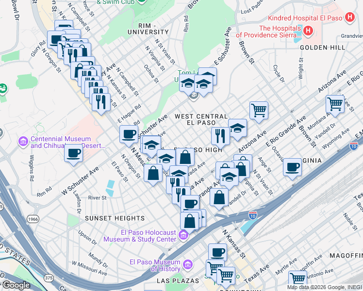 map of restaurants, bars, coffee shops, grocery stores, and more near 504 East Cliff Drive in El Paso