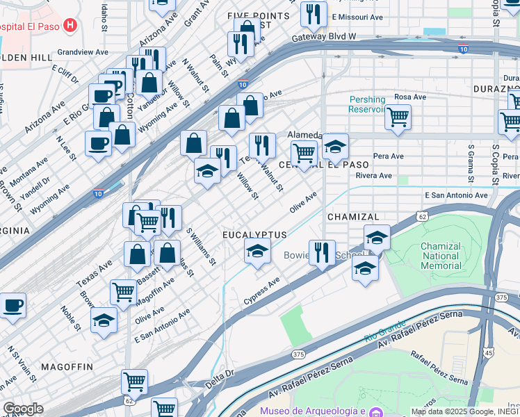 map of restaurants, bars, coffee shops, grocery stores, and more near 58 Willow Street in El Paso