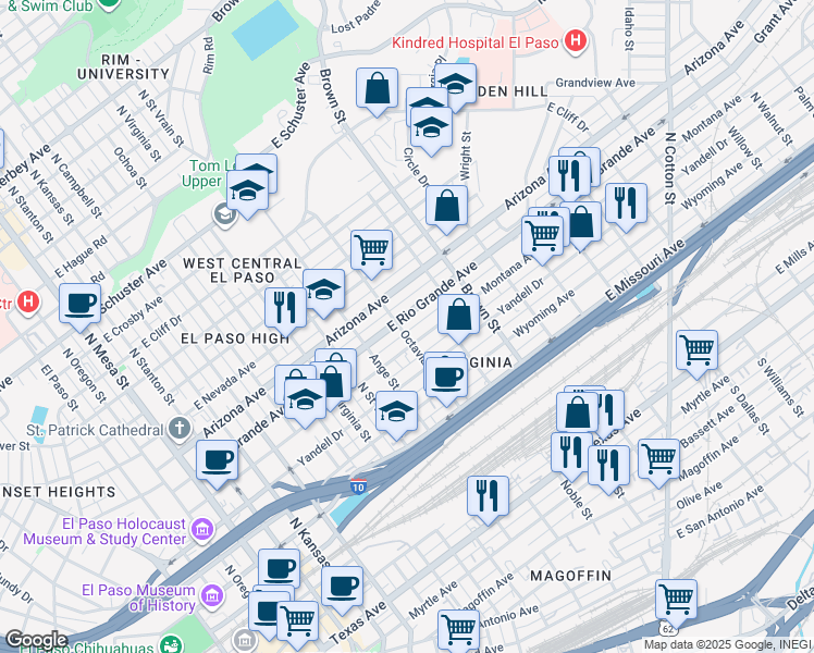 map of restaurants, bars, coffee shops, grocery stores, and more near 1114 East Rio Grande Avenue in El Paso
