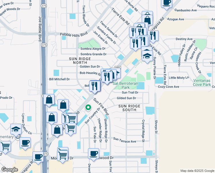 map of restaurants, bars, coffee shops, grocery stores, and more near 2114 North Zaragoza Road in El Paso