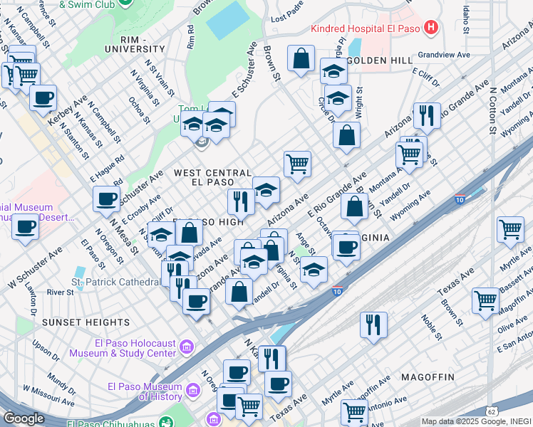 map of restaurants, bars, coffee shops, grocery stores, and more near 901 Arizona Avenue in El Paso