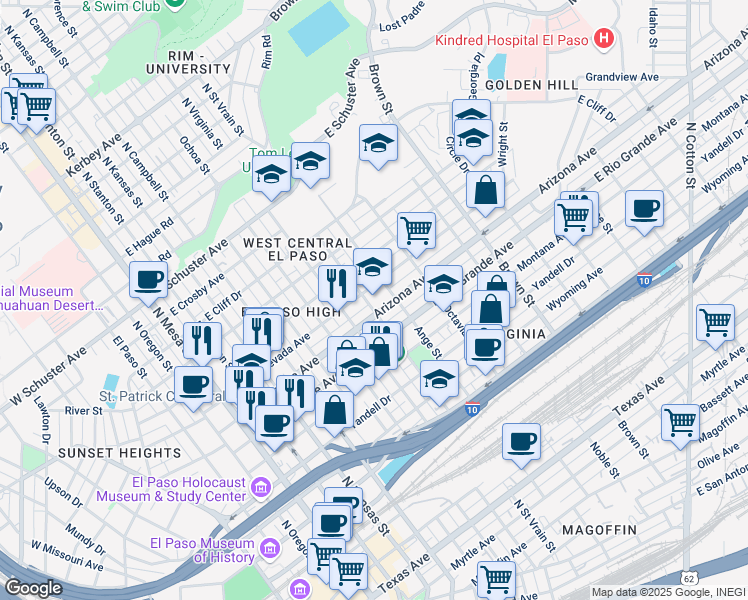 map of restaurants, bars, coffee shops, grocery stores, and more near 901 Arizona Avenue in El Paso