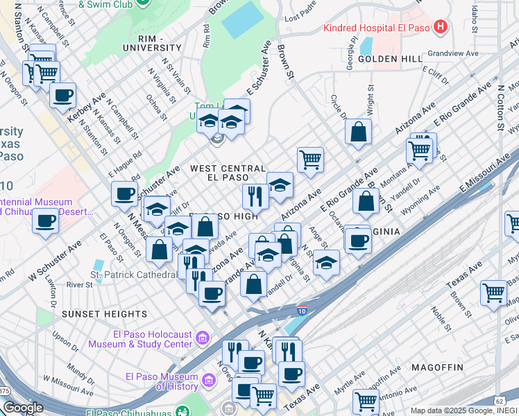 map of restaurants, bars, coffee shops, grocery stores, and more near 1201 North Saint Vrain Street in El Paso