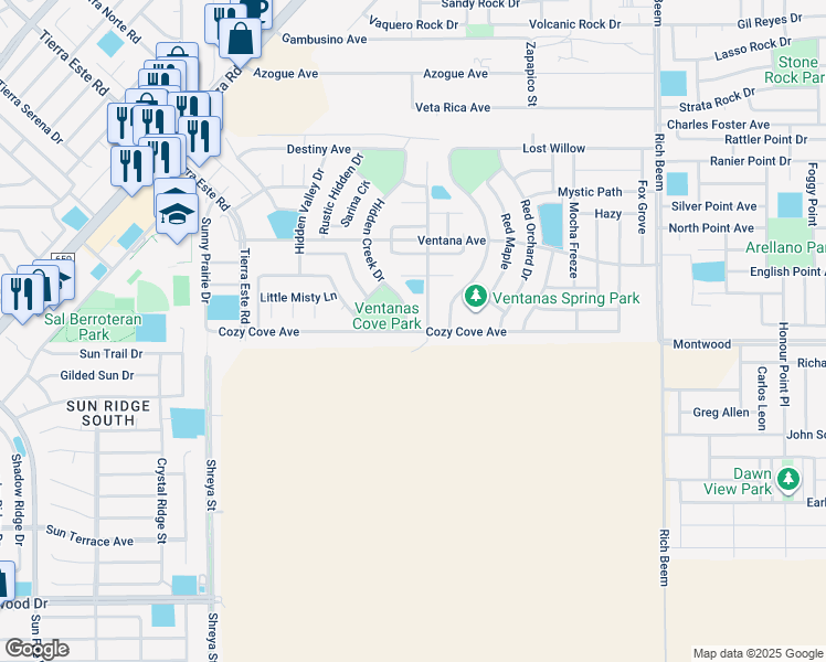 map of restaurants, bars, coffee shops, grocery stores, and more near 3102 Hidden Creek Drive in El Paso
