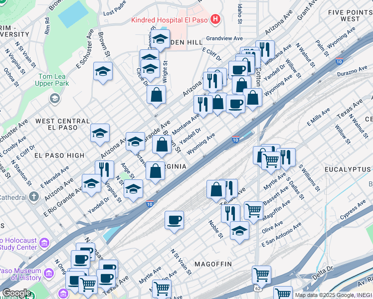 map of restaurants, bars, coffee shops, grocery stores, and more near 1331 Wyoming Avenue in El Paso
