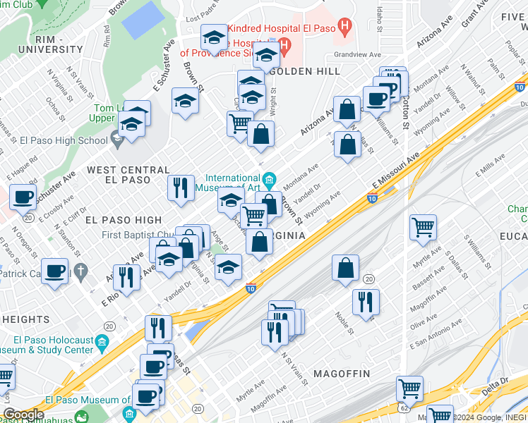 map of restaurants, bars, coffee shops, grocery stores, and more near 1210 Montana Avenue in El Paso