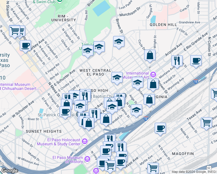 map of restaurants, bars, coffee shops, grocery stores, and more near 1201 North Saint Vrain Street in El Paso