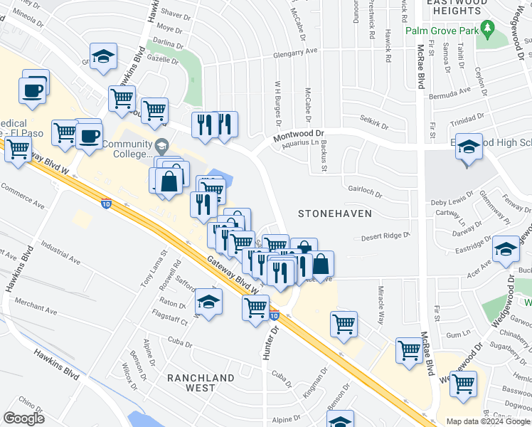map of restaurants, bars, coffee shops, grocery stores, and more near 9398 Viscount Boulevard in El Paso