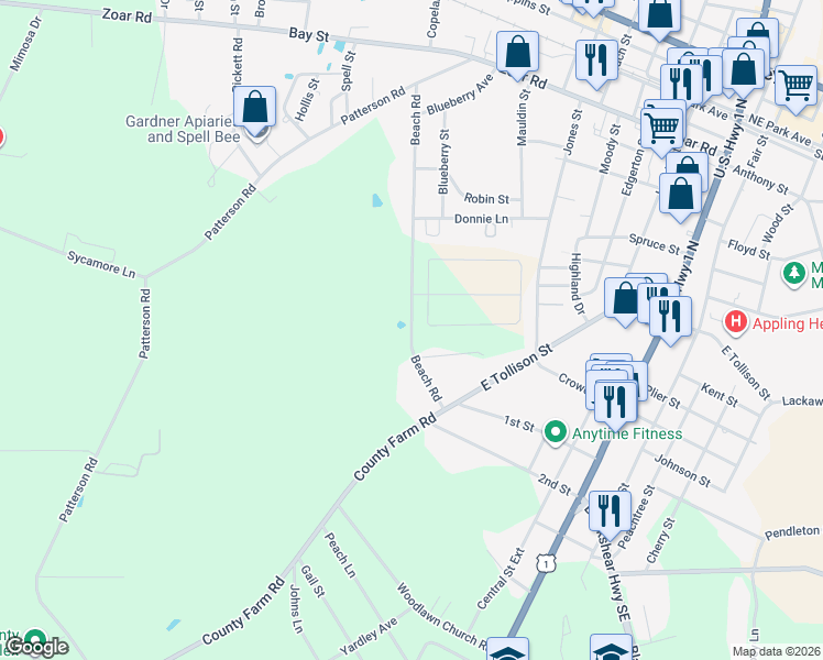 map of restaurants, bars, coffee shops, grocery stores, and more near 557 Beach Road in Baxley