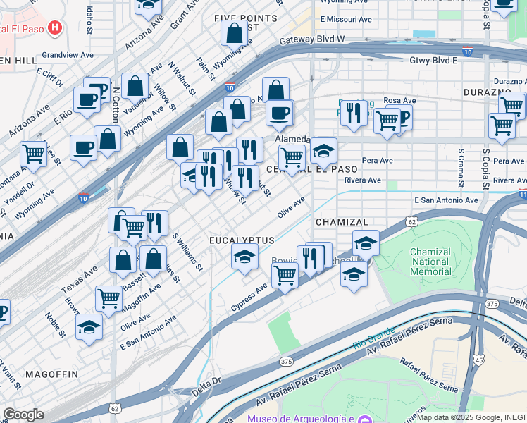 map of restaurants, bars, coffee shops, grocery stores, and more near 2114 Magoffin Avenue in El Paso