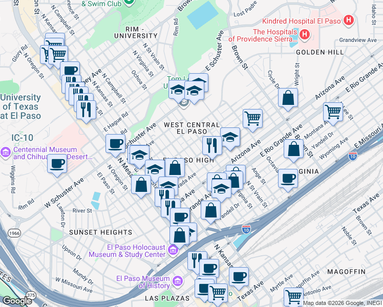 map of restaurants, bars, coffee shops, grocery stores, and more near 610 East River Avenue in El Paso