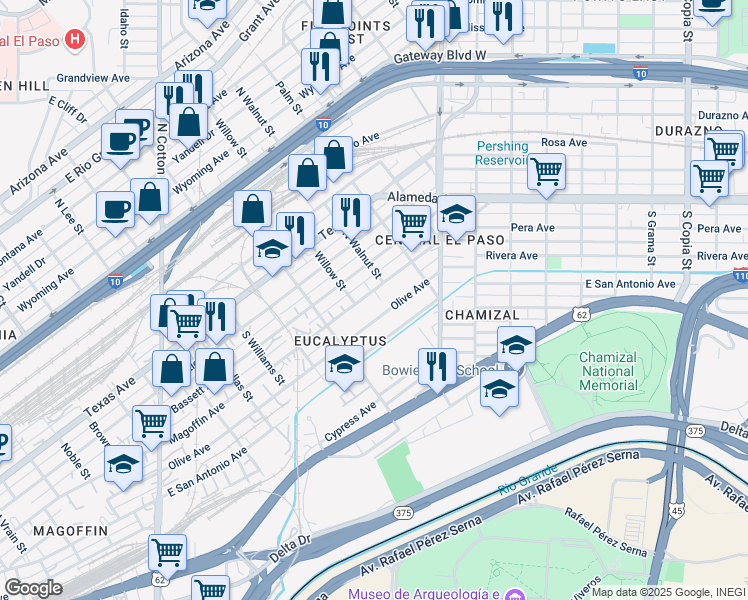 map of restaurants, bars, coffee shops, grocery stores, and more near 2114 Magoffin Avenue in El Paso