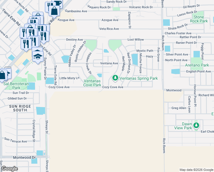 map of restaurants, bars, coffee shops, grocery stores, and more near 3103 Spring Willow in El Paso