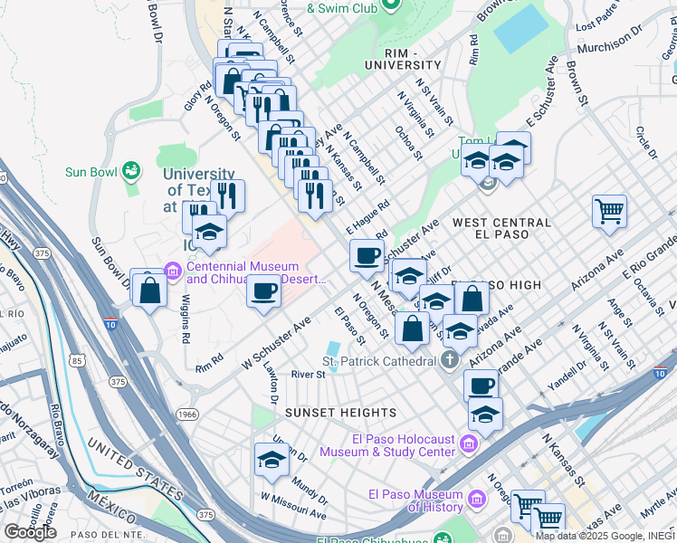 map of restaurants, bars, coffee shops, grocery stores, and more near 1801 North Oregon Street in El Paso