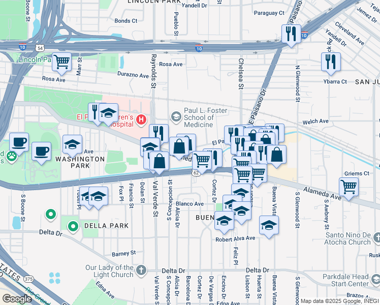 map of restaurants, bars, coffee shops, grocery stores, and more near in El Paso