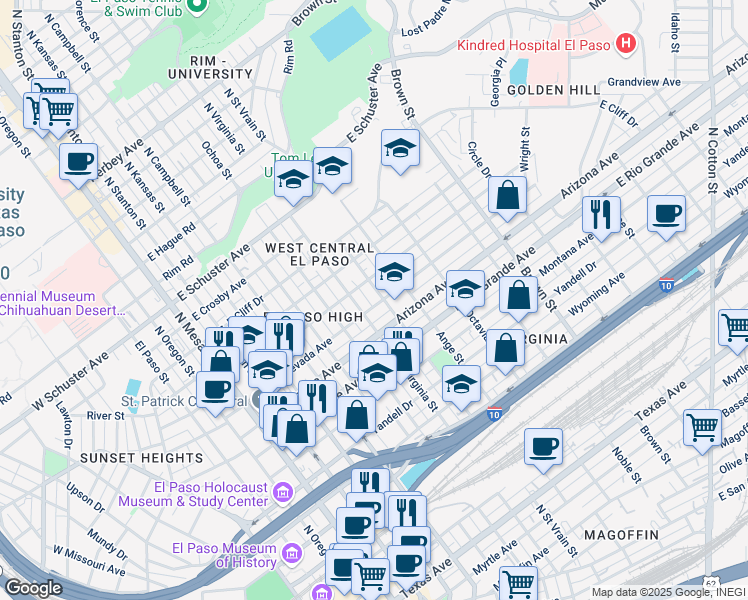 map of restaurants, bars, coffee shops, grocery stores, and more near 1201 North Saint Vrain Street in El Paso