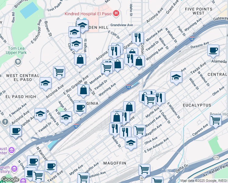 map of restaurants, bars, coffee shops, grocery stores, and more near 1421 East Missouri Avenue in El Paso