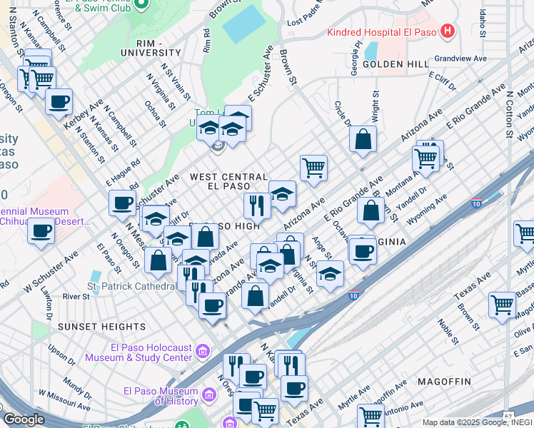 map of restaurants, bars, coffee shops, grocery stores, and more near 1201 North Saint Vrain Street in El Paso
