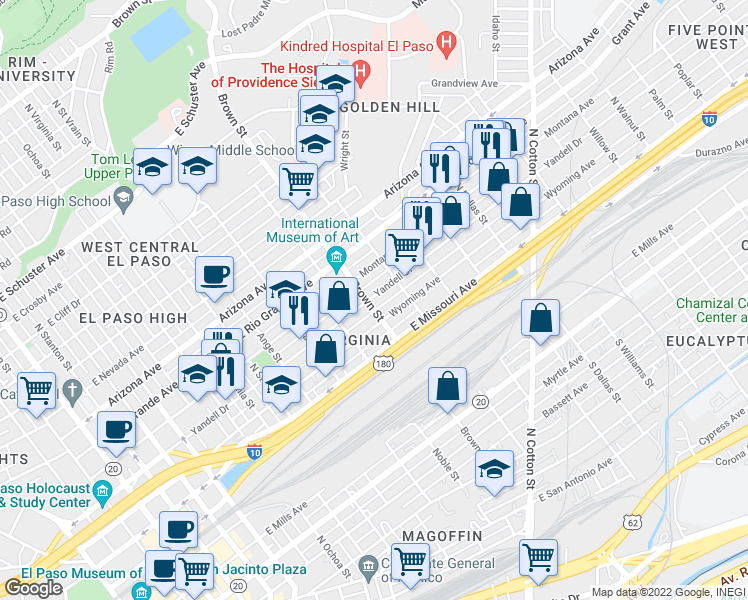 map of restaurants, bars, coffee shops, grocery stores, and more near 1300 Yandell Drive in El Paso