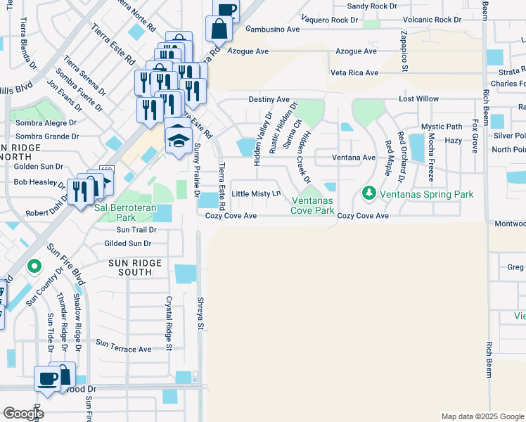 map of restaurants, bars, coffee shops, grocery stores, and more near 12841 Cozy Cove Avenue in El Paso