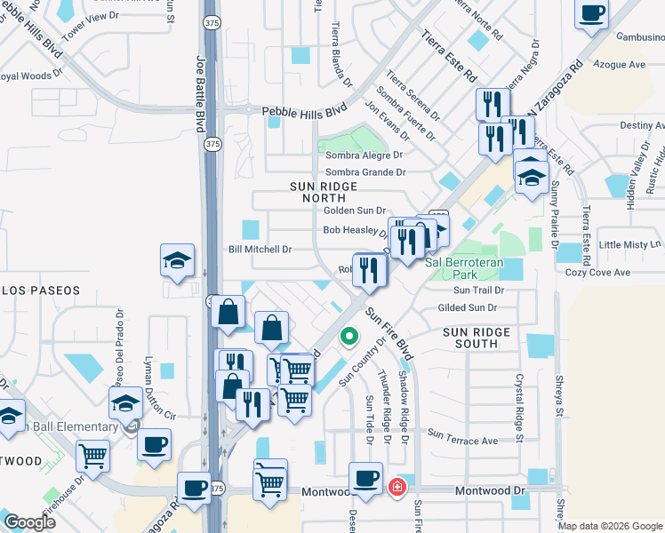 map of restaurants, bars, coffee shops, grocery stores, and more near 12325 Robert Dahl Drive in El Paso