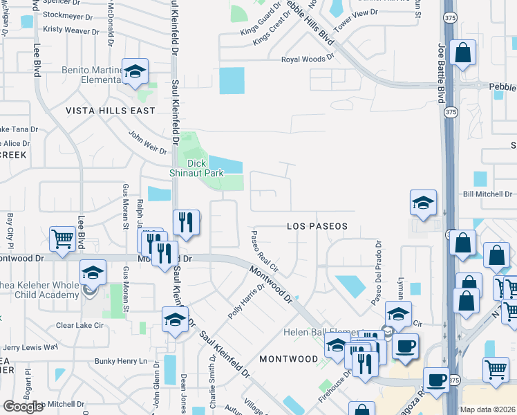 map of restaurants, bars, coffee shops, grocery stores, and more near 11913 Paseo Del Rey Drive in El Paso