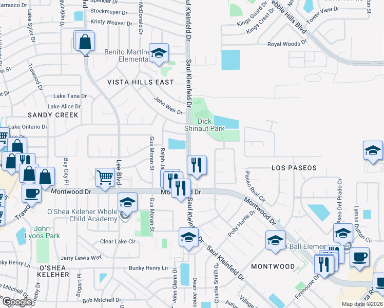 map of restaurants, bars, coffee shops, grocery stores, and more near 2000 Saul Kleinfeld Drive in El Paso