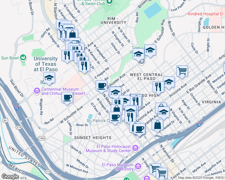 map of restaurants, bars, coffee shops, grocery stores, and more near 1610 North Stanton Street in El Paso