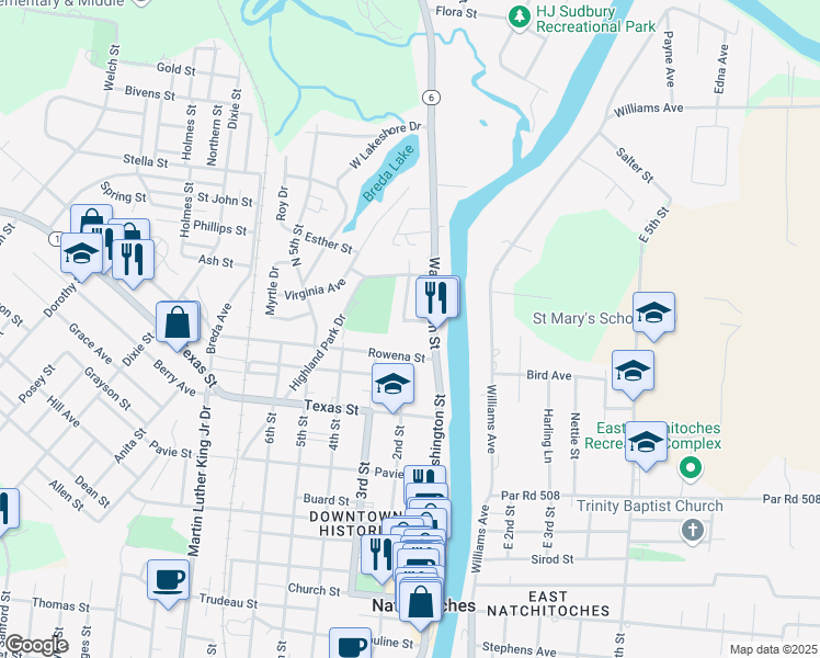 map of restaurants, bars, coffee shops, grocery stores, and more near 1120 Washington Street in Natchitoches