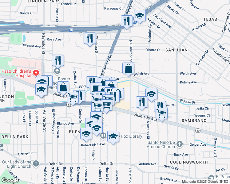map of restaurants, bars, coffee shops, grocery stores, and more near Interstate 10 in El Paso