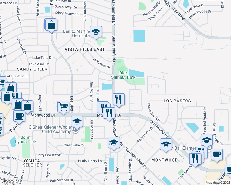 map of restaurants, bars, coffee shops, grocery stores, and more near 2000 Saul Kleinfeld Drive in El Paso