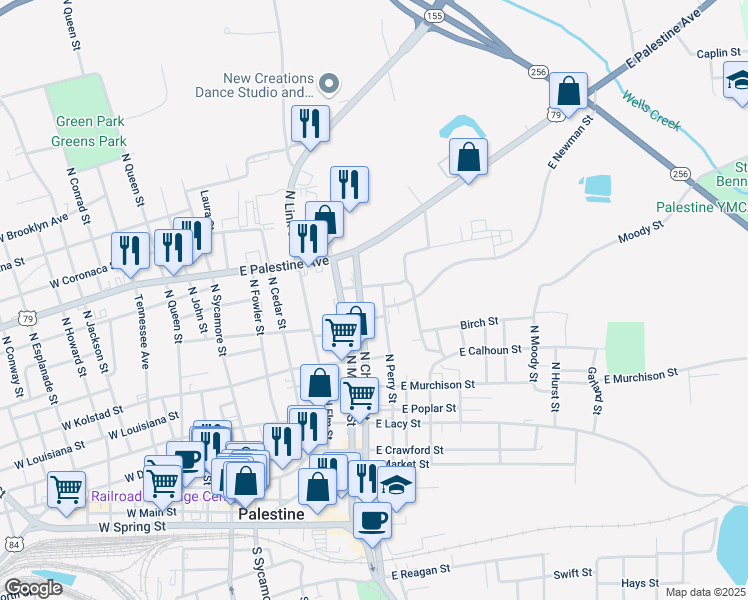 map of restaurants, bars, coffee shops, grocery stores, and more near 1011 North Perry Street in Palestine