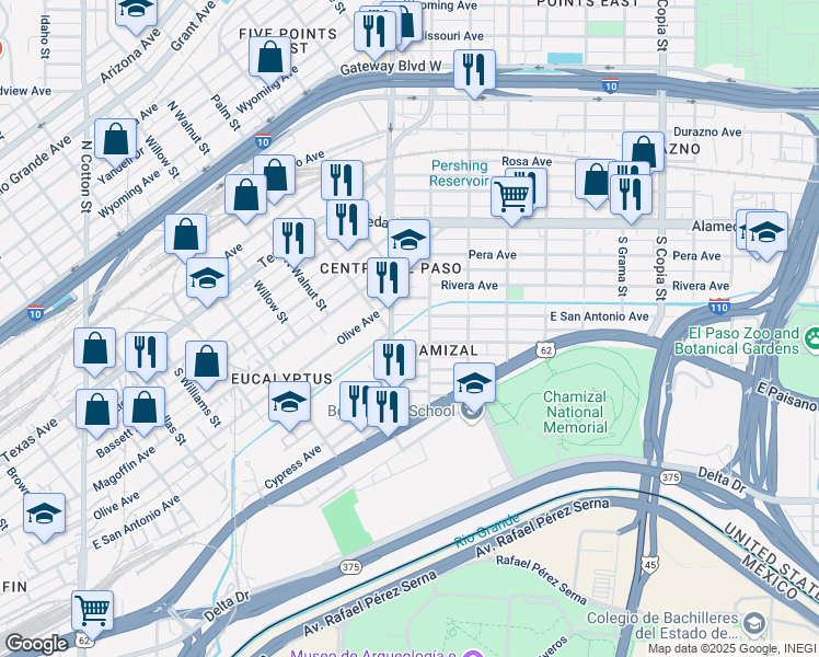 map of restaurants, bars, coffee shops, grocery stores, and more near 2914 E San Antonio Ave in El Paso