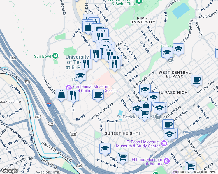 map of restaurants, bars, coffee shops, grocery stores, and more near 125 East Hague Road in El Paso